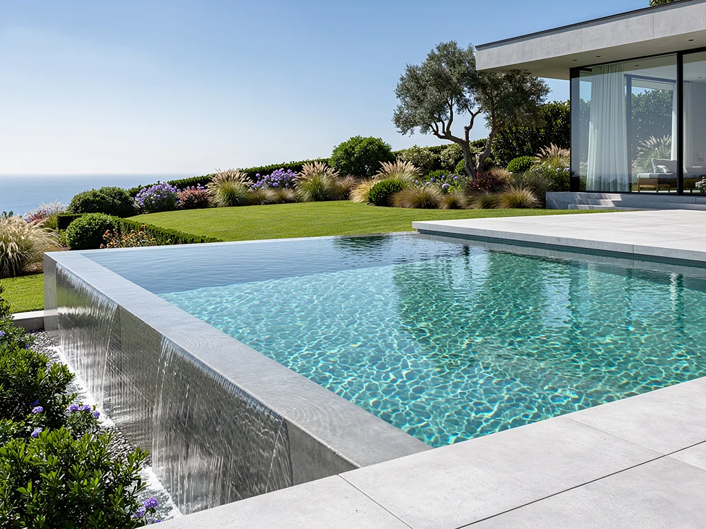 Piscine à débordement en béton face à un jardin paysager, eau turquoise