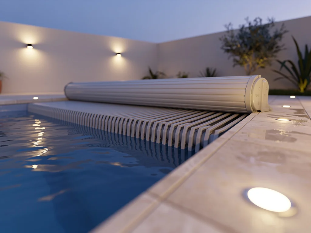 Piscine coque équipée d'un volet roulant immergé au crépuscule